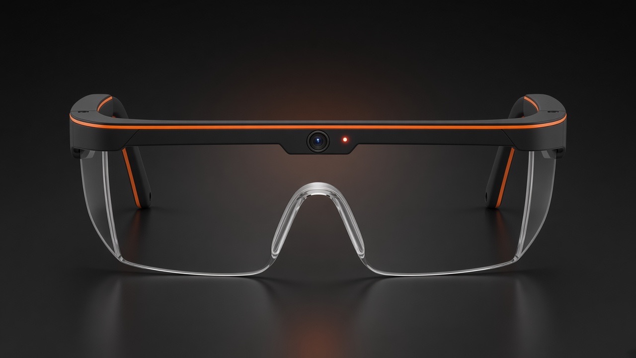 Addvista Glasses from the front: black safety glasses with orange stripes, camera in the center of the brow bar.