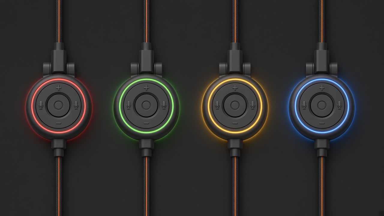 Four remotes with a red, green, yellow and blue light ring.